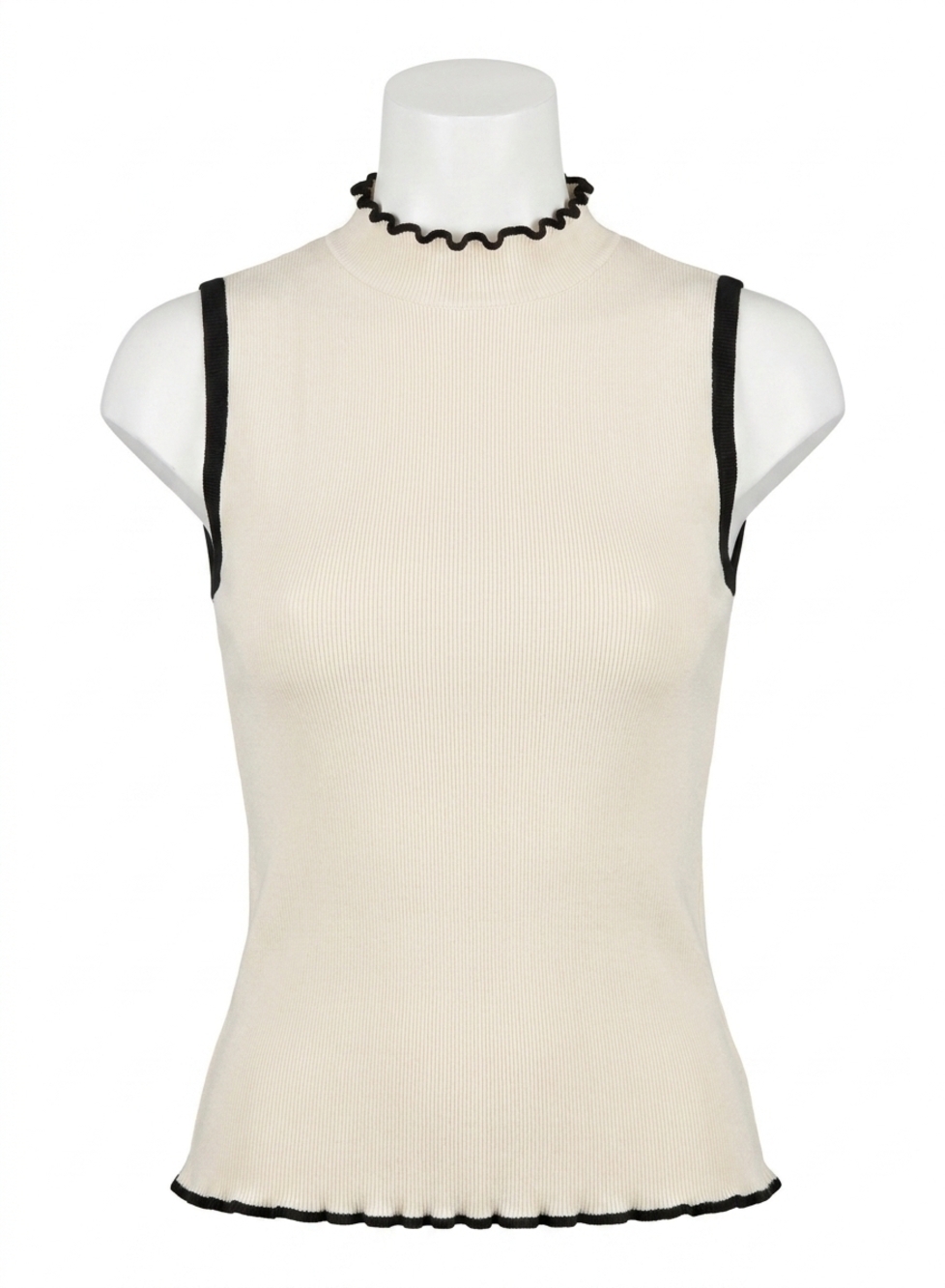 NEW CENTRAL PARK WEST isla sleeveless ruffle neck tank top in ivory and black